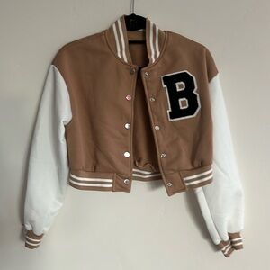 Beige and white crop sweater letterman style jacket.